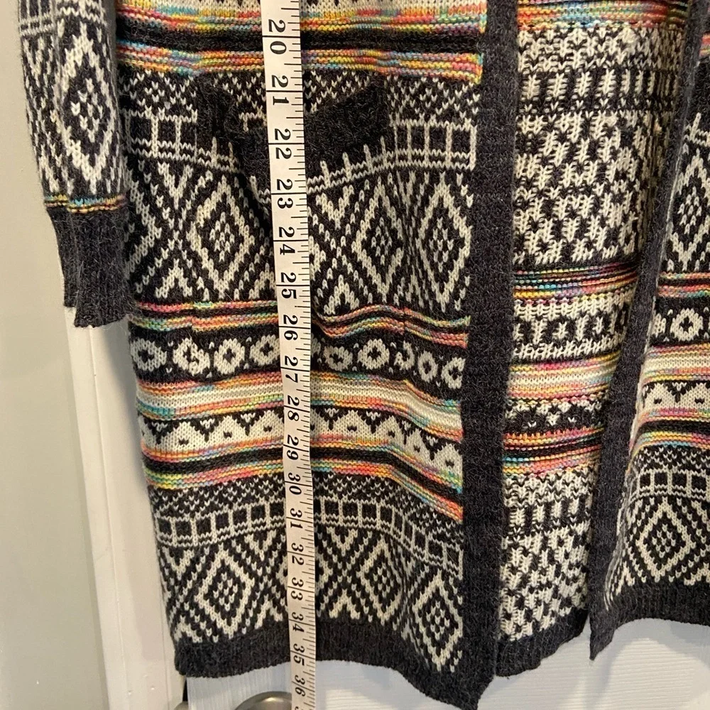 Monteau Size M Neon Stripe Black Cream Aztec Knit Open Front Hooded Cardigan
